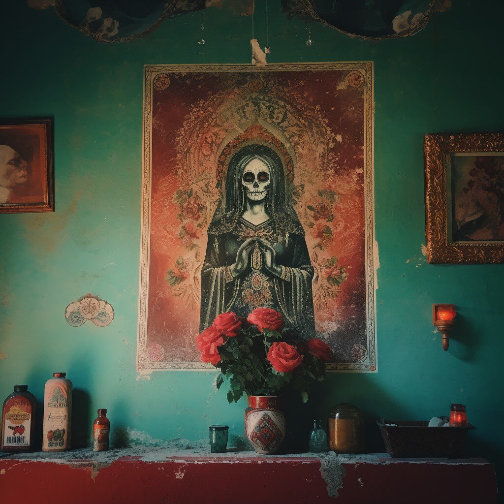 Santa Muerte image on the wall in Mexican house